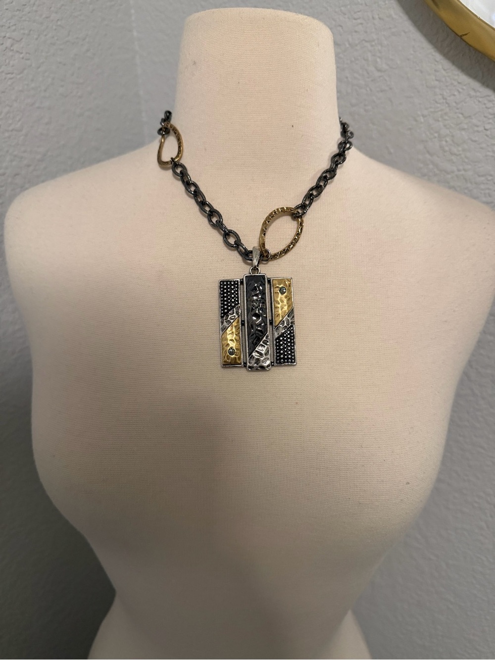 Laura Ashley Two-Tone Rectangular Pendant Necklace in Silver and Gold